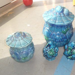 Inarco Japan Blue Mood indigo fruit 3 canisters salt pepper shakers sugar tea